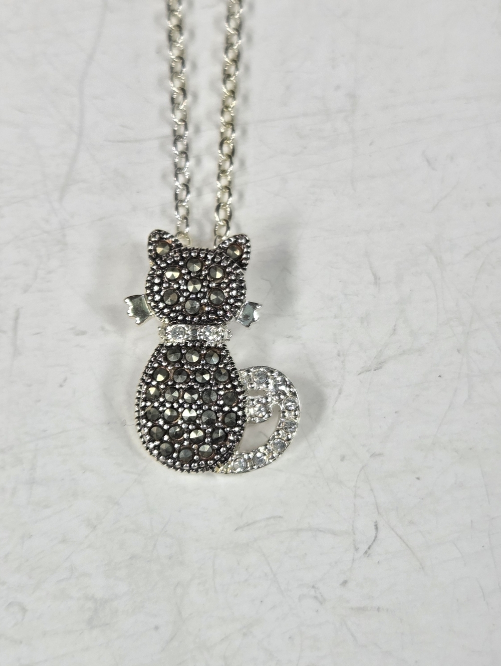 silver tone marcasite kitty cat pendant long necklace 18in black silver cat lady
